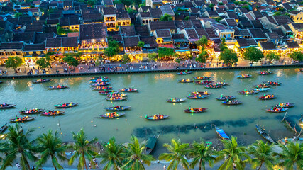 Aerial view of Hoi An ancient town, Vietnam at dusk or night, this place is a UNESCO world heritage site. Hoi An is one of the most popular destinations in Vietnam © huythoai