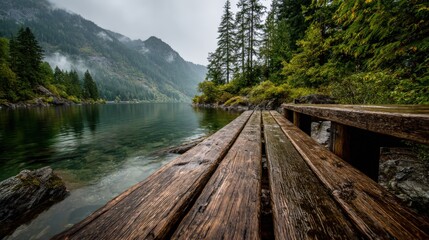 Obraz premium Scenic Mountain Lake View with Wooden Dock, Forest, and Overcast Sky Landscape