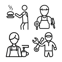 Four simple line art icons depict different professions: a person serving a burger, a butcher, a barista, and a mechanic.