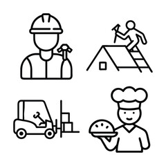 Four distinct line art icons depict a construction worker, roofer, forklift operator, and chef, symbolizing various occupations.