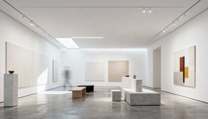 Obraz premium Contemporary Art Gallery Interior with Abstract Paintings and Minimalist Design Featuring White Walls and Natural Lighting