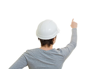 Rear view woman engineer wearing white protective helmet pointing forefinger ahead, isolated on transparent background