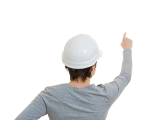 Rear view woman engineer wearing white protective helmet pointing forefinger ahead, isolated on transparent background