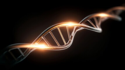 The iconic double helix structure of DNA illuminated with a warm golden glow against a dark background symbolizes geneti