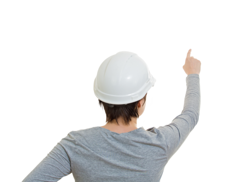 Rear view woman engineer wearing white protective helmet pointing forefinger ahead, isolated on transparent background