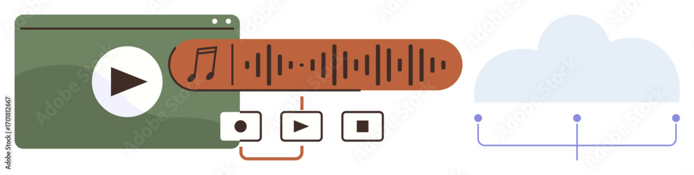 Poster media player interface with audio waveform, playpause buttons, and a cloud icon. ideal for streaming
