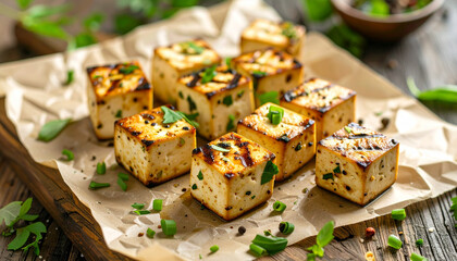 Grilled Tofu Cubes with Herbs and Dipping Sauce on Plate