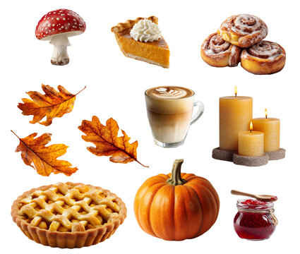 Autumn set with mushroom, pie, cinnamon rolls, pumpkin, leaves, candles, jam and latte, isolated. PNG file with transparency