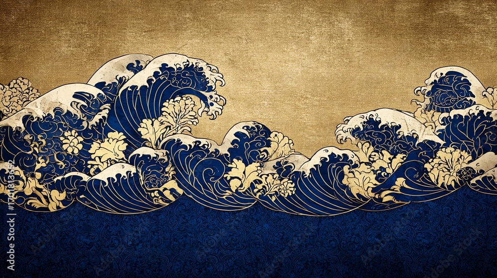 Poster stylized waves crest and curl in a dynamic composition, rendered in a traditional aesthetic with a r