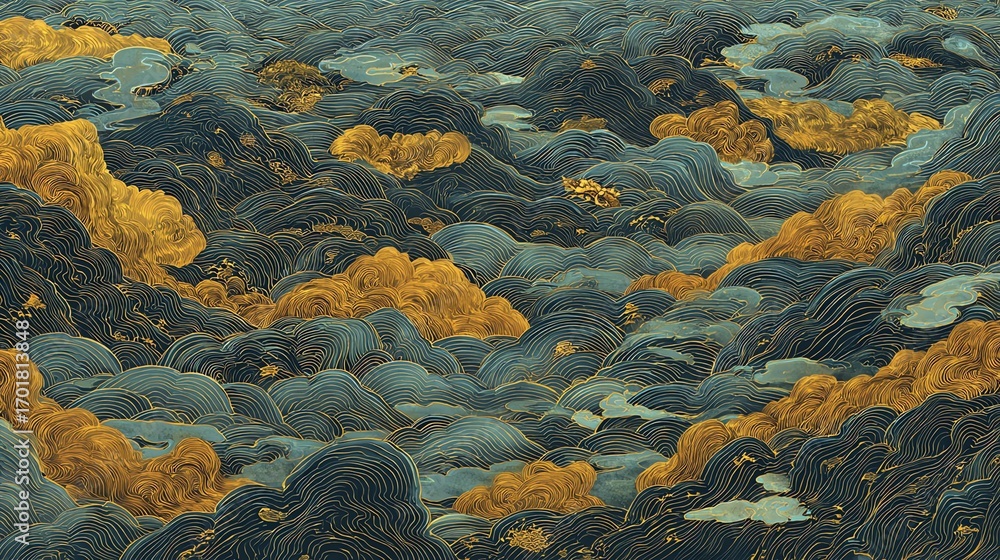Poster an intricate abstract composition depicts rolling waves and cloud-like forms in shades of teal and g