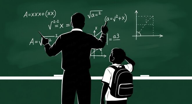 Dedicated math teacher helping student understand algebra concepts in classroom - Powered by Adobe