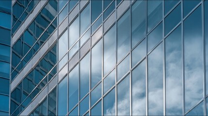 Obraz premium Modern Office Building Facade with Glass Windows Reflecting Sky and Clouds, showcasing architecture and design