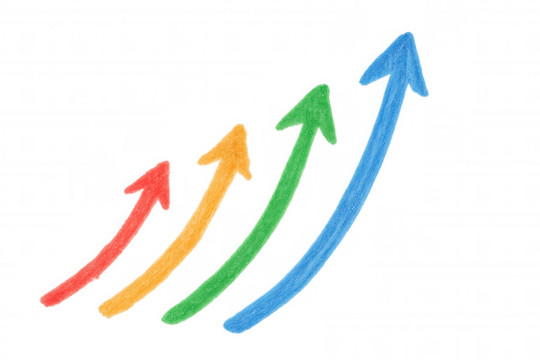 Four colorful upward trending arrows on a transparent background representing positive growth and success
