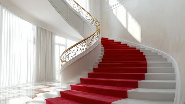 A luxurious staircase features a stunning red carpet and white steps, bathed in natural light from large windows, luxury staircase in interior house with red and white color video in background