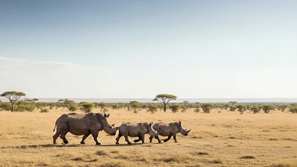 Rhinos Roaming in Savanna: A majestic rhino family gracefully traverses the vast expanse of an African savanna under a clear sky, showcasing the harmony of wildlife in their natural habitat.