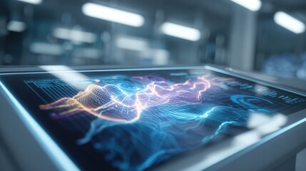 Interactive Touchscreen Displaying Data Visualization Graphics, Featuring Dynamic Lines and Futuristic Design in a Modern Laboratory