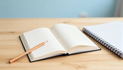 Fototapeta premium Open Notebook with Blank Pages and Pencil on a Wooden Desk Ready for Writing