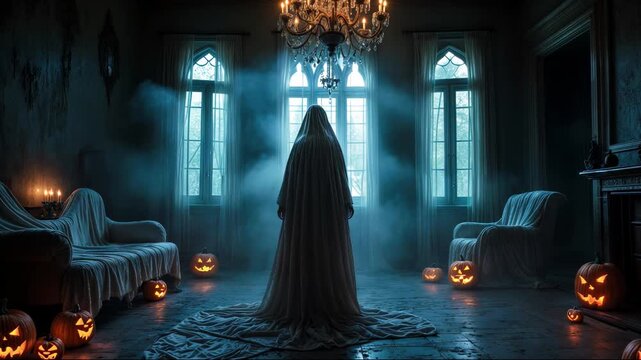 Ghostly Figure Standing in Haunted Room with Pumpkin Glow