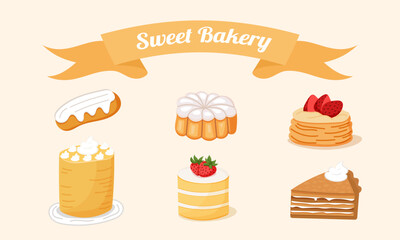 Sweet bakery desserts set with cake and pastries