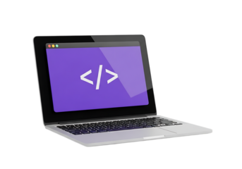 Illustration of laptop with code symbol on screen isolated on transparent background