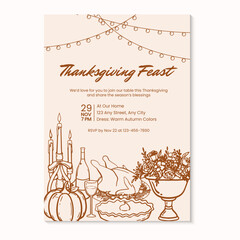 Thanksgiving feast invitation template with hand-drawn foods and string lamps. Vector illustration hand drawn thanksgiving dinner invitation template.