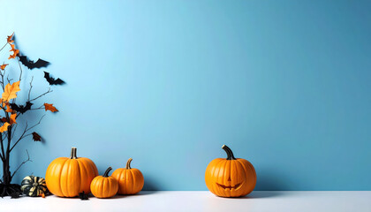 Halloween Pumpkin and Bat Decor Against Blue Background