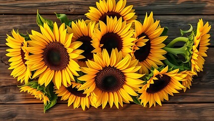 Sunflowers on a rustic wooden surface, warm golden hour light enhancing their natural beauty.