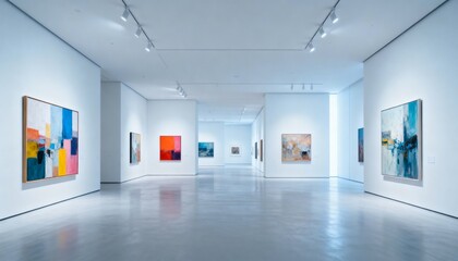 Obraz premium Contemporary Art Gallery Exhibition: Abstract Paintings Displayed in a Minimalist White Interior Space