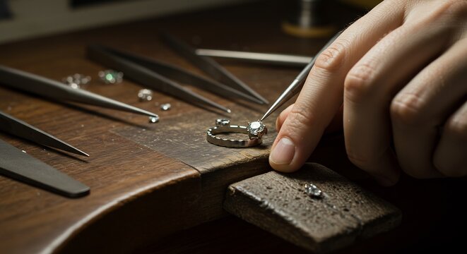 Close-up Jeweler Working on Ring with Diamond in Studio Workshop