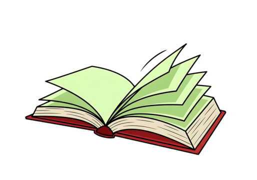 Illustration of open book with turning pages isolated on transparent background