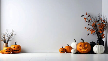 Spooky Halloween Pumpkins on White Floor and Wall Background