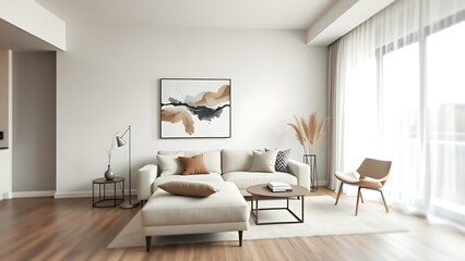 Scandinavian-inspired living space with neutral tones and abstract art, radiating modern comfort.