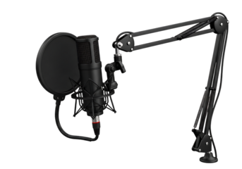 Illustration of professional microphone with pop filter and arm isolated on transparent background