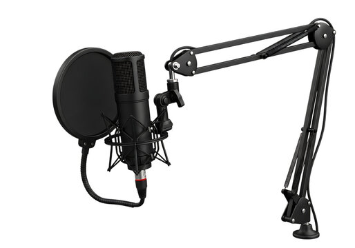 Illustration of professional microphone with pop filter and arm isolated on transparent background