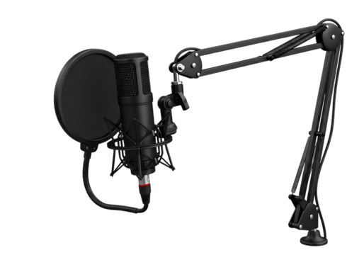 Illustration of professional microphone with pop filter and arm isolated on transparent background