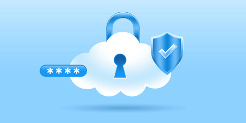 Cyber Security, 3D cloud and data under protection. Cybersecurity, antivirus, encryption, data protection. Software development. Safety internet technology. Computer digital padlock hologram
