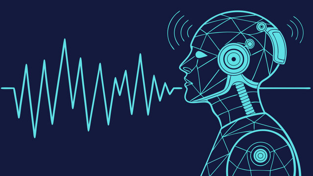 Abstract AI voice agent or robot launching over sound waves, showcasing futuristic design with geometric patterns and sound visualization