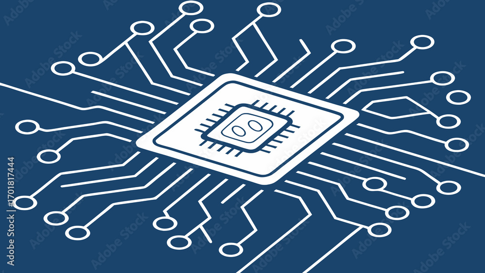 Poster abstract ai chip on technology blue background, showcasing intricate circuit patterns and connection