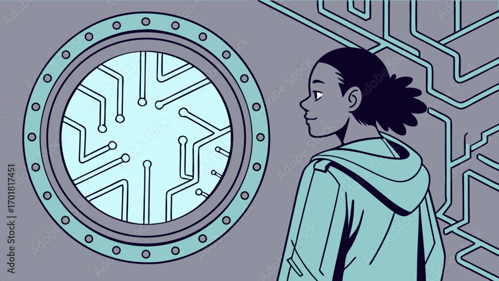 Aufkleber person gazes through circular portal, observing intricate circuit patterns. scene conveys sense of c