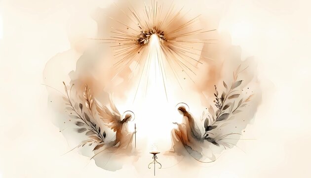 Watercolor illustration of annunciation scene with angel and mary art print