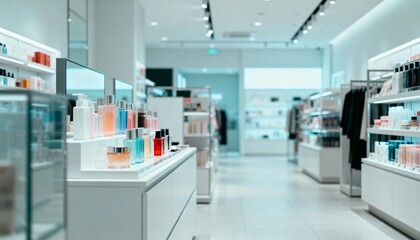 Modern Cosmetic Retail Store Interior with Display Shelves Featuring Diverse Beauty Products and Bright, Clean Ambiance