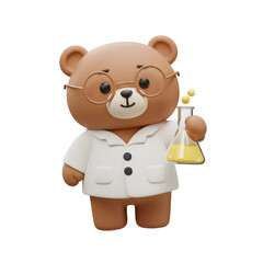 Cute 3D Cartoon Bear in a Lab Coat and Glasses Holding a Flask, Isolated on a Transparent PNG