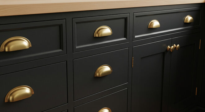 Dark painted kitchen cabinets with brass cup pulls interior design stock photo