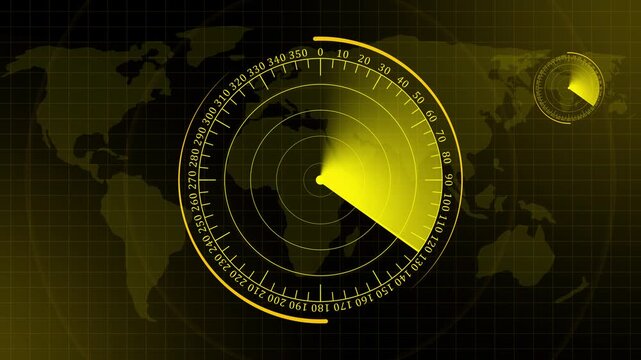 Glowing digital technology radar screen animated, Technology world map radar screen. Radar Hud concept on black background.