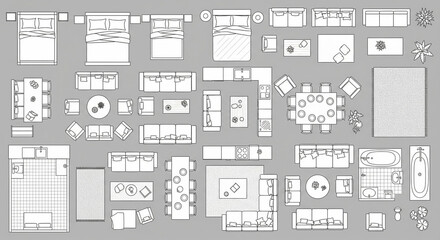 Top View Furniture Icons Collection Home Interior Design Elements Floor Plan Flat Lay