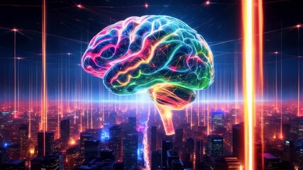 Vibrant digital brain glowing over a futuristic city skyline, symbolizing technology and innovation - Powered by Adobe