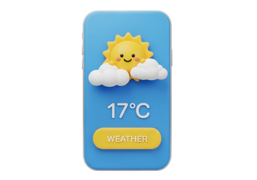 Illustration of cute cartoon sun with clouds on a phone screen showing weather isolated on transparent background