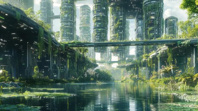 Futuristic cityscape filled with greenery and advanced technology by the tranquil waterside, The city of the future is a place where technology and nature coexist in harmony