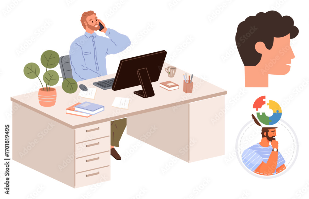 Poster man talking on phone while working at desk with computer and stationery. includes side profile, abst