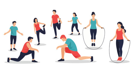 Diverse Group Of People Engaging In Various Stretching And Exercise Activities, Perfect For Fitness App Illustrations And Health And Wellness Campaign Visuals.